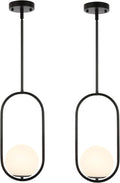 BYOLIIMA Modern Globe Pendant Light Mid Century Chandelier 1-Light Matte Black Ceiling Hanging Lighting Fixture with White Globe Glass Lampshade for Kitchen Island Dining Room Bedroom (2 Pack)