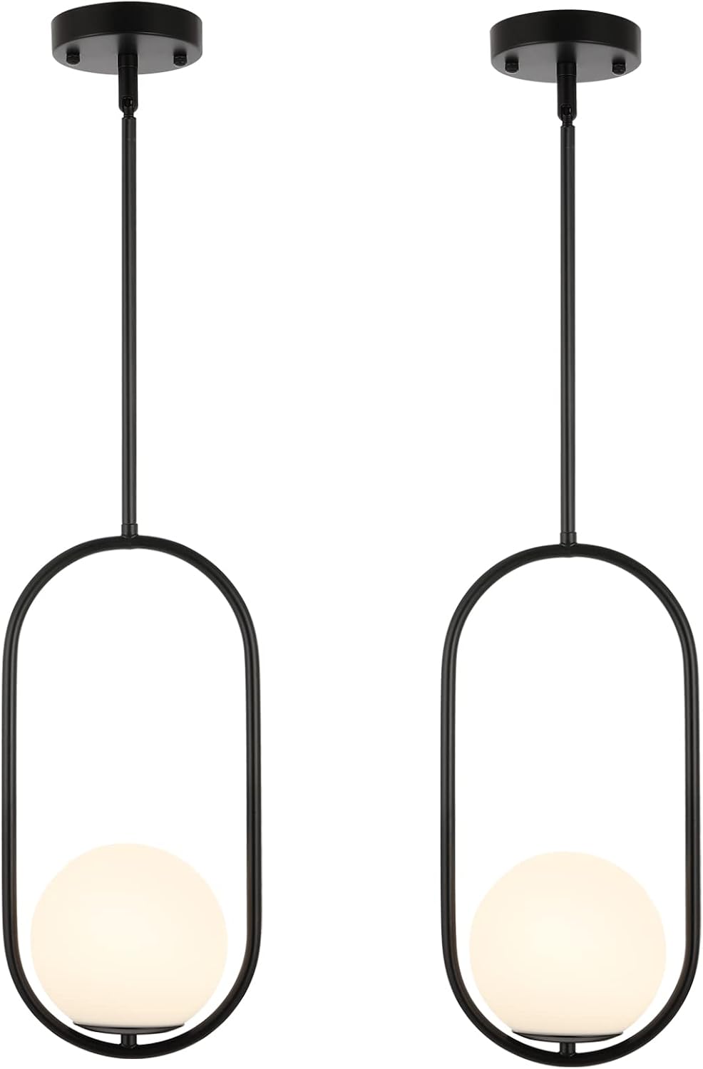 BYOLIIMA Modern Globe Pendant Light Mid Century Chandelier 1-Light Matte Black Ceiling Hanging Lighting Fixture with White Globe Glass Lampshade for Kitchen Island Dining Room Bedroom (2 Pack)