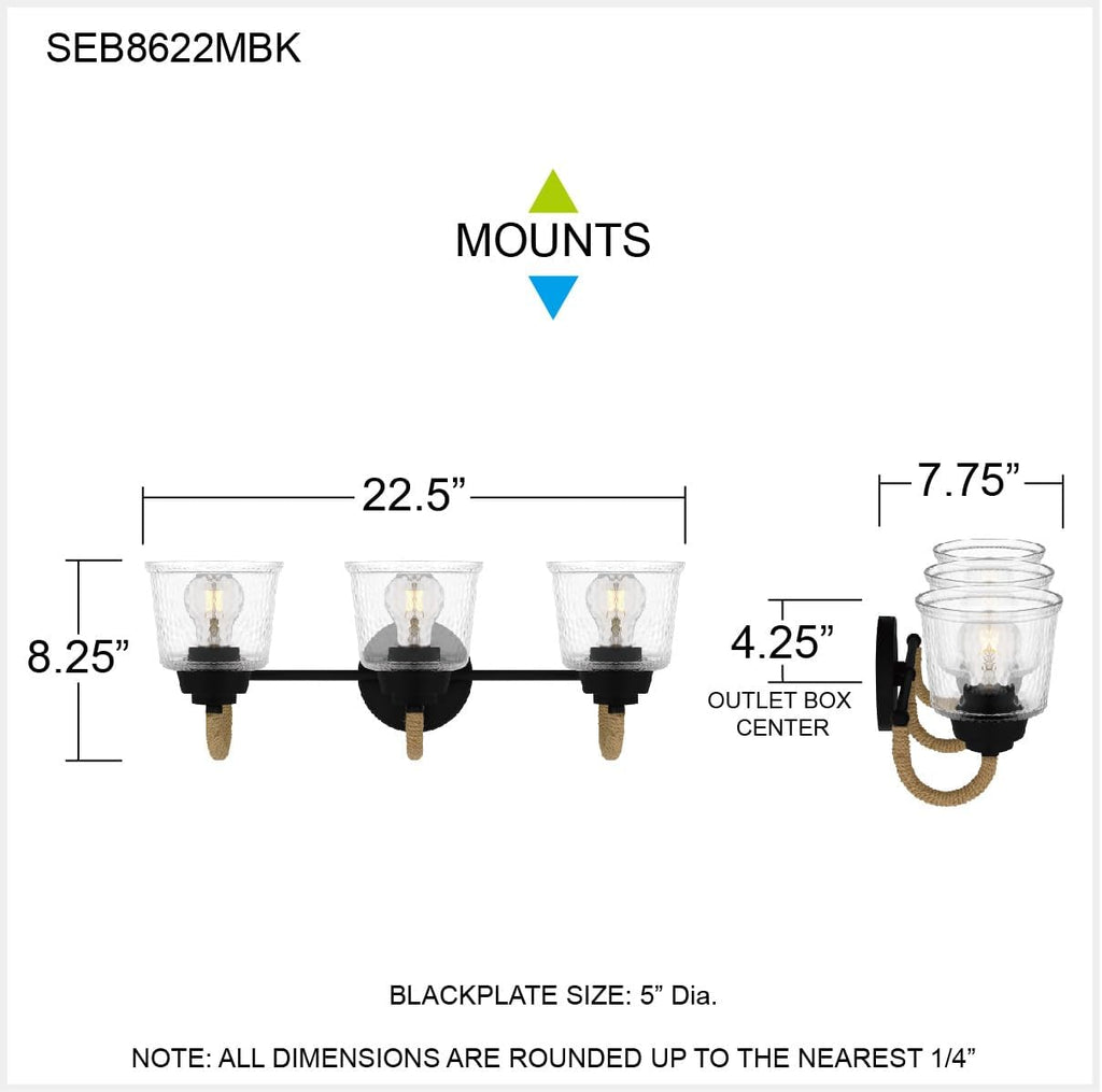 Quoizel Seabreeze Bath Vanity Lights,22 Inch 3-Light Matte Black Coastal-Inspired Lighting Fixtures Over Mirror, Clear Hammered Glass, 100W, Transitional Wall Light for Bathroom, Dresser or Sink
