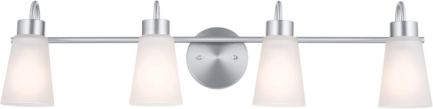 Kichler Erma 4-Light Bathroom Vanity Light Fixture with Satin Etched Glass Shades, Brushed Nickel Wall Mount over Mirror Lighting for Bathroom Vanity (32.5' x 8.5' x 6'), 55127NI