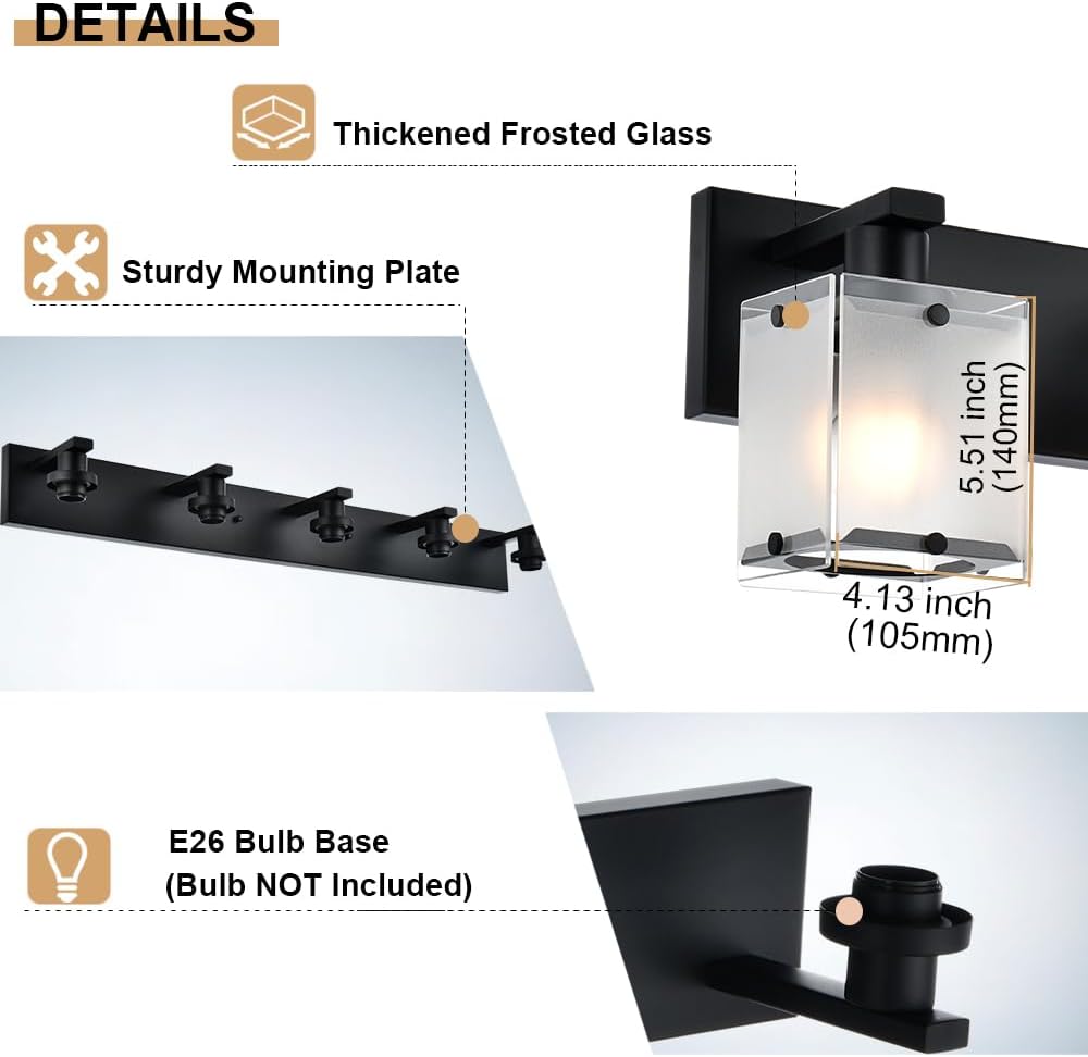 4-Lights Bathroom Vanity Lighting Over Mirror, Black Bathroom Wall Light Fixtures with Frosted Rectangular Glass Shade for Bath Living Room, E26 Bulb Base
