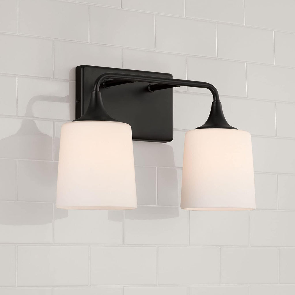 HomePlace Lighting 148921MB-541 Presley Transitional Rustic Soft White Glass Cone Vanity Light for Bathroom, 2-Light 200 Total Watts, 10' H x 16' W, Black