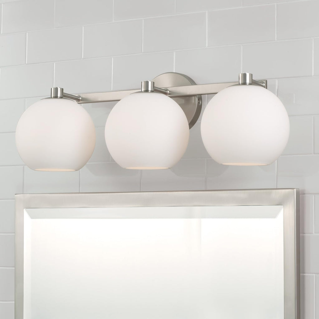 HomePlace by Capital Lighting 152131BN-548 Ansley Retro/Vintage Mid-Century Art Deco Soft White Glass Bath Vanity Wall Light, 3-Light 300 Total Watts, 8' H x 23' W, Brushed Nickel