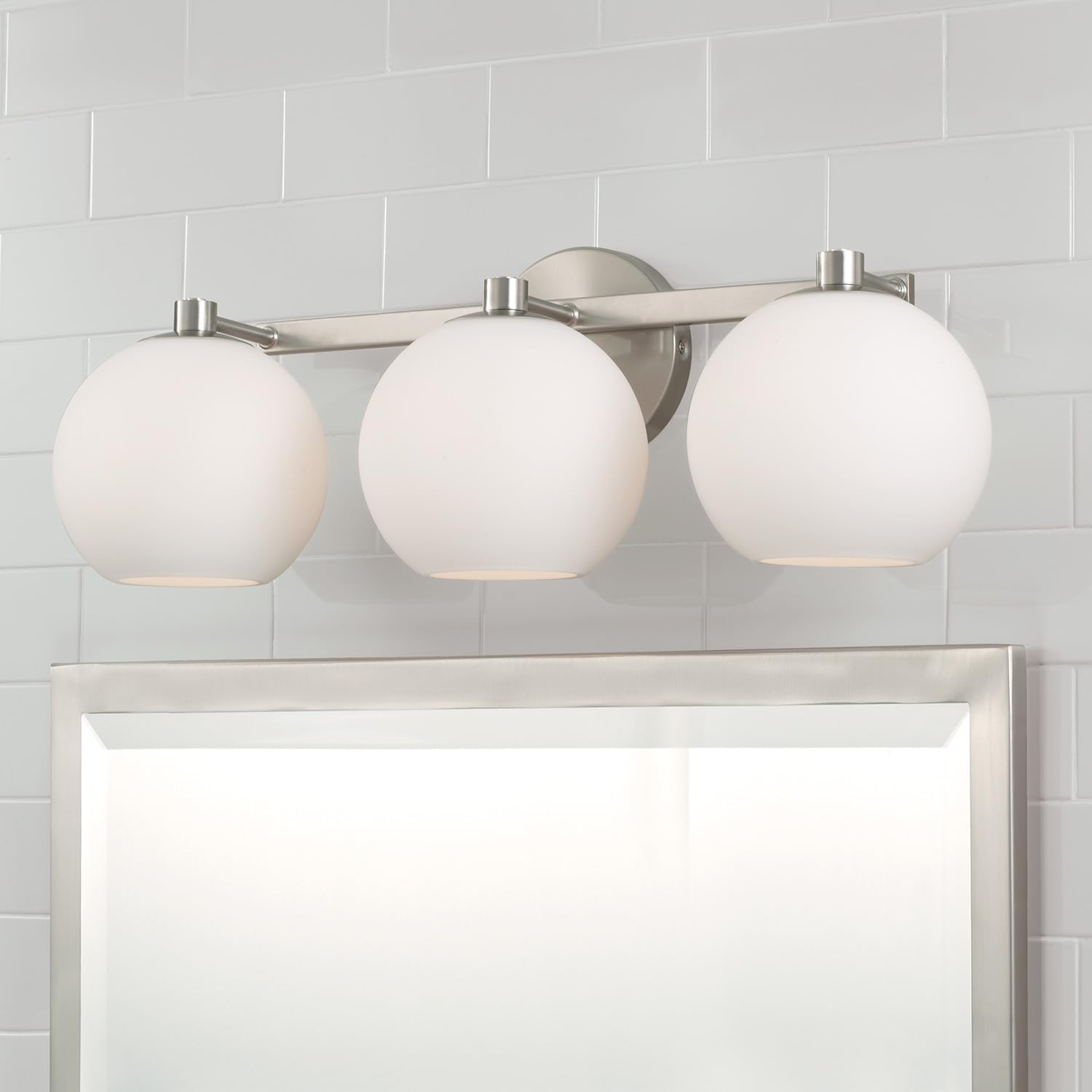 HomePlace by Capital Lighting 152131BN-548 Ansley Retro/Vintage Mid-Century Art Deco Soft White Glass Bath Vanity Wall Light, 3-Light 300 Total Watts, 8' H x 23' W, Brushed Nickel