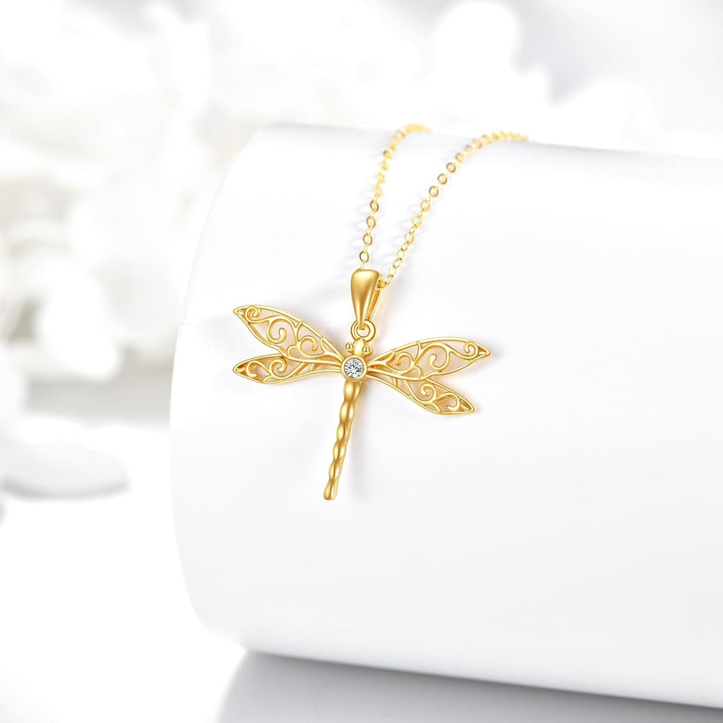 DOVRAN Real Solid Gold Birthstone Butterfly/Dragonfly/Bee/Hummingbird Necklace for Women Yellow Gold Animal Pendant for Christmas Dainty Jewelry Birthday Gifts for Mom Wife