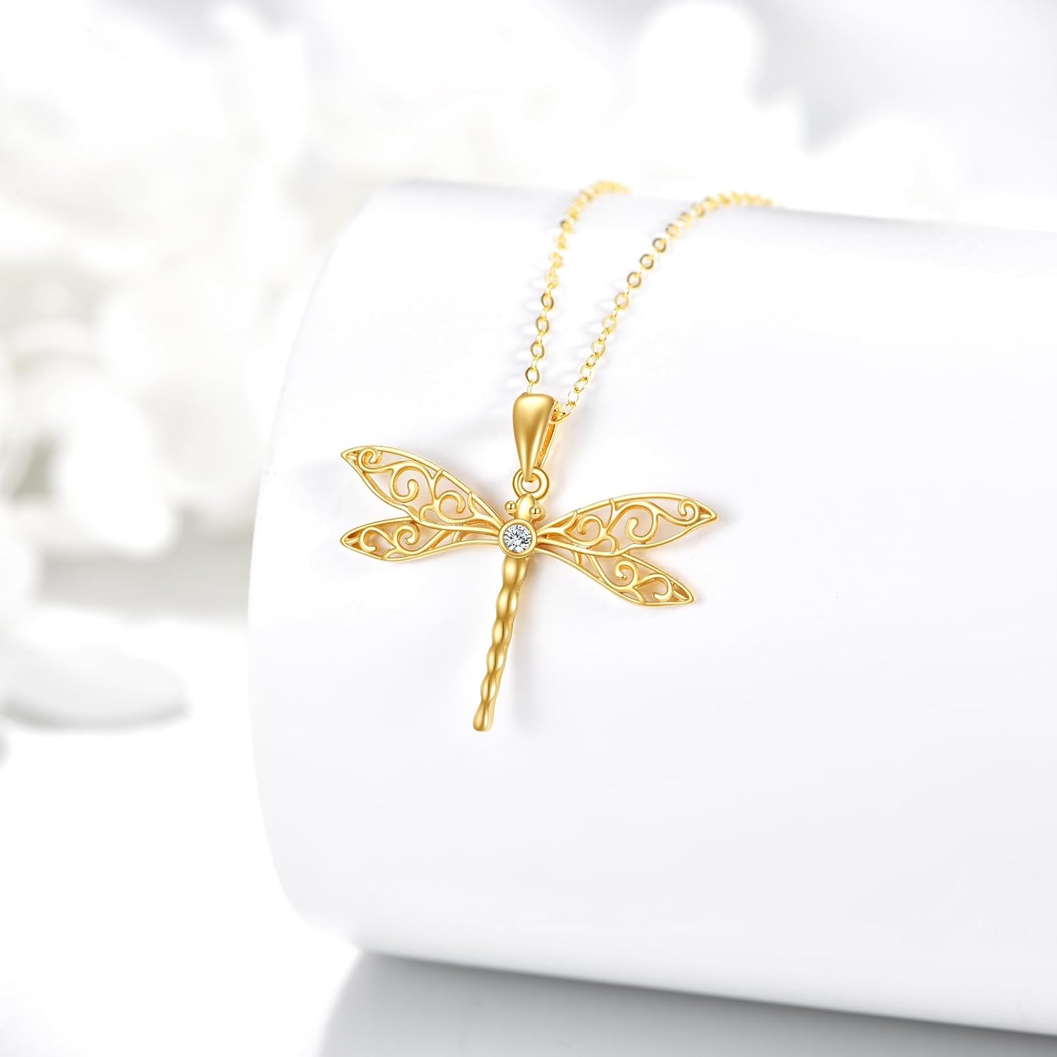 DOVRAN Real Solid Gold Birthstone Butterfly/Dragonfly/Bee/Hummingbird Necklace for Women Yellow Gold Animal Pendant for Christmas Dainty Jewelry Birthday Gifts for Mom Wife
