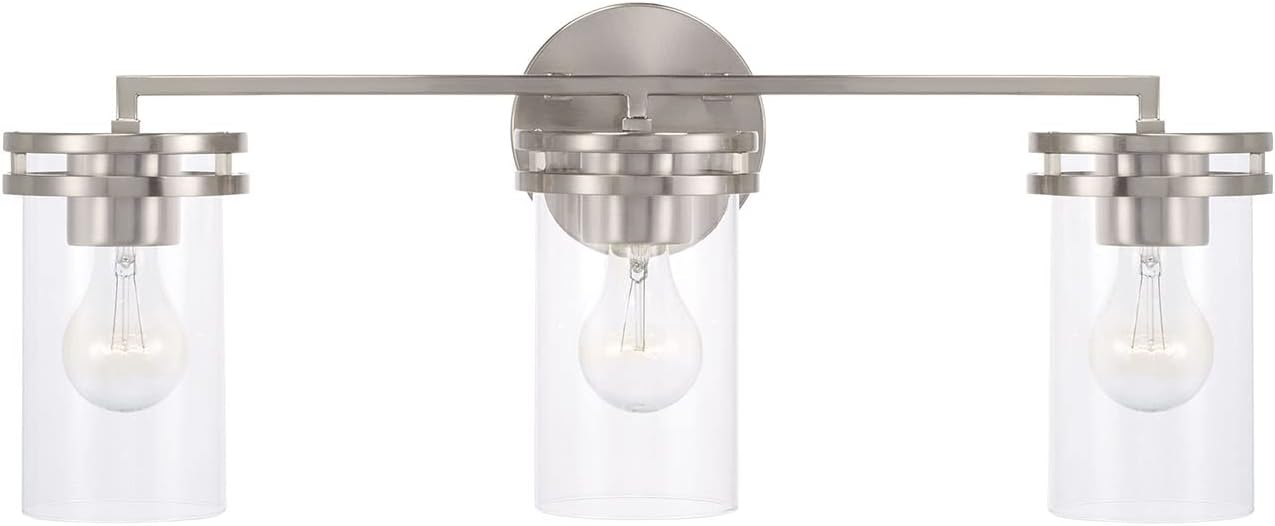 HomePlace by Capital Lighting 148731BN-539 Fuller Transitional Clear Glass Cylinder Vanity Light for Bathroom, 3-Light 300 Total Watts, 10' H x 24' W, Brushed/Satin Nickel