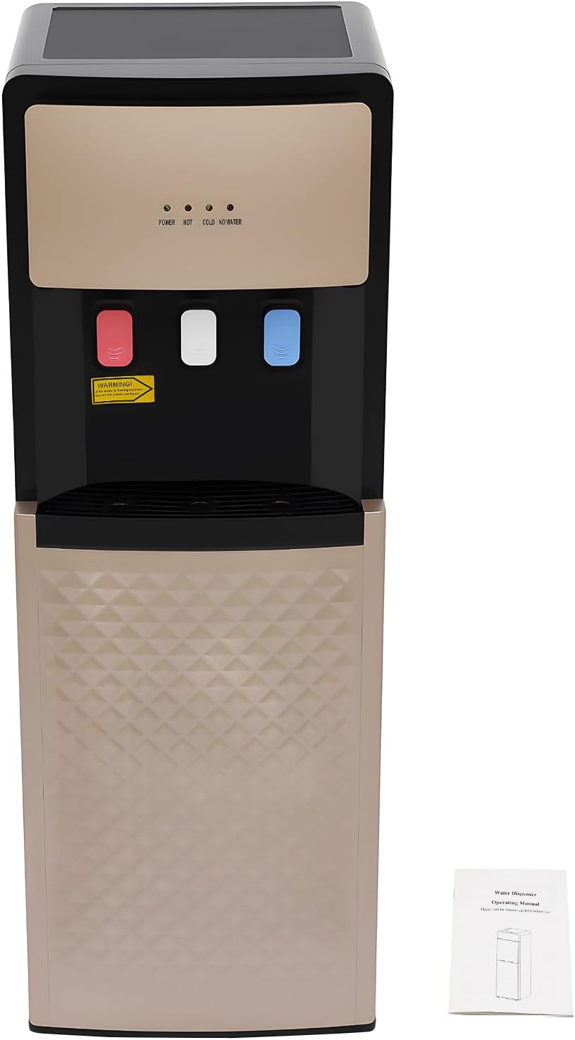 Bottom Loading Water Dispenser 5 Gallon, 3 Temperatures with Hot, Room & Cold Spouts Standing Water Cooler Dispenser with Indicator Light & Empty Bottle Alert for Home Office (Champaign Gold)