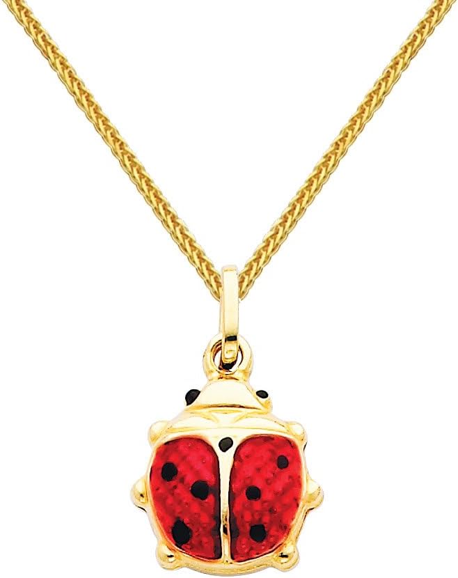 The World Jewelry Center 14k Yellow Gold Lady Bug Enamel Pendant with 0.8mm Braided Square Wheat Chain Necklace