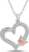 10K White Gold Womens Round Diamond Heart Rose-tone Butterfly Bug Pendant 1/10 Cttw