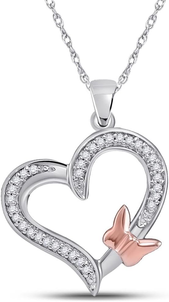 10K White Gold Womens Round Diamond Heart Rose-tone Butterfly Bug Pendant 1/10 Cttw
