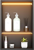 12' x 18' Stainless Steel Shower Niche with LED Lights – Recessed 2-Tier Shower Shelf, 12'x12' Upper & 12'x6' Lower Storage, Modern Bathroom Wall Niche (Black)