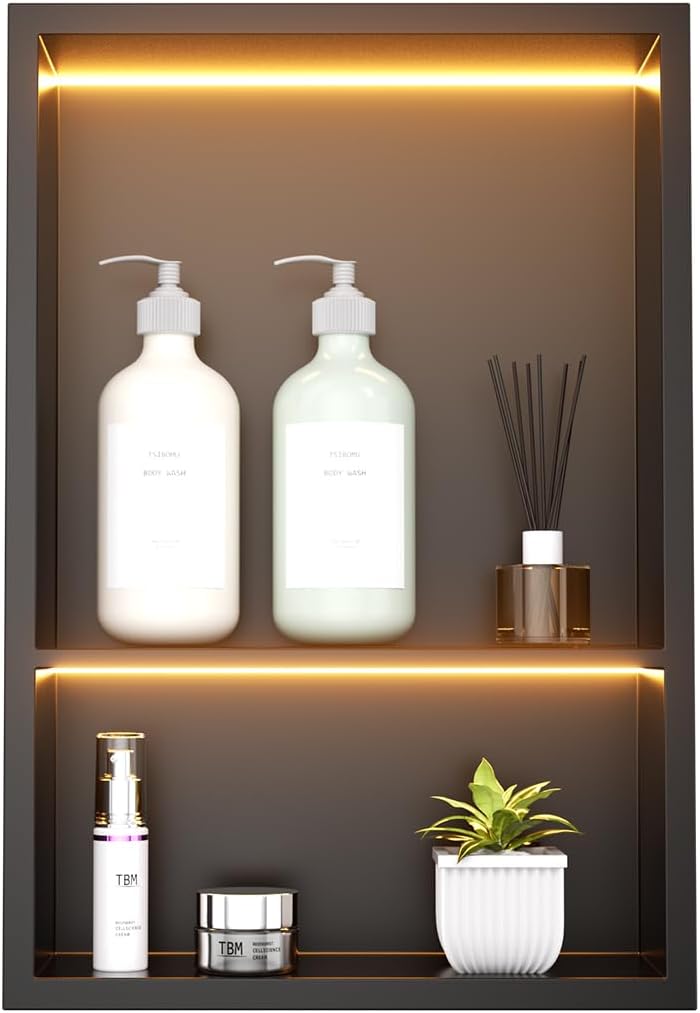 12' x 18' Stainless Steel Shower Niche with LED Lights – Recessed 2-Tier Shower Shelf, 12'x12' Upper & 12'x6' Lower Storage, Modern Bathroom Wall Niche (Black)