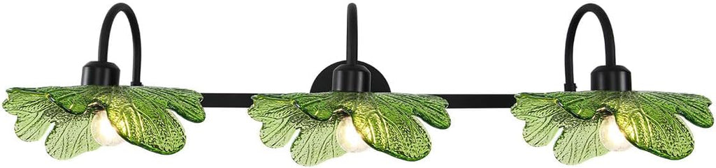 Green Bathroom Vanity Lights Over Mirror, 3 Light Flower Glass Shade Mirror Black Bathroom Sconce Vintage Wall Lighting Fixture mid Century Wall Sconce Light for Bedside Bedroom Doorway