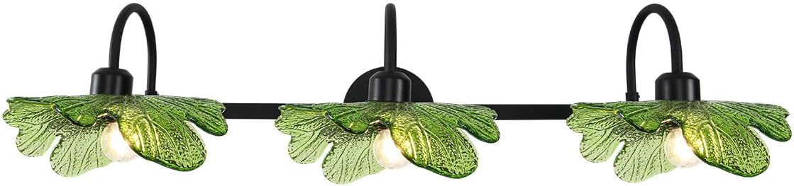 Green Bathroom Vanity Lights Over Mirror, 3 Light Flower Glass Shade Mirror Black Bathroom Sconce Vintage Wall Lighting Fixture mid Century Wall Sconce Light for Bedside Bedroom Doorway