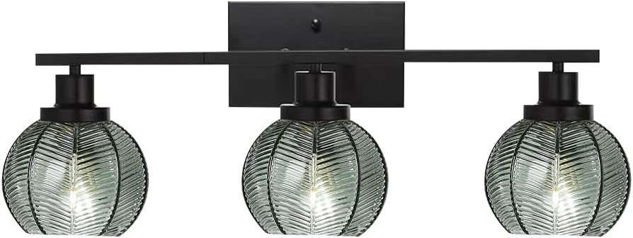 3-Light Bathroom Light Fixture Green Wall Lights with Ribbed Glass Shade Black Vanity Light Over Mirror Mid Century Wall Sconce for Bedside Bedroom Living Room