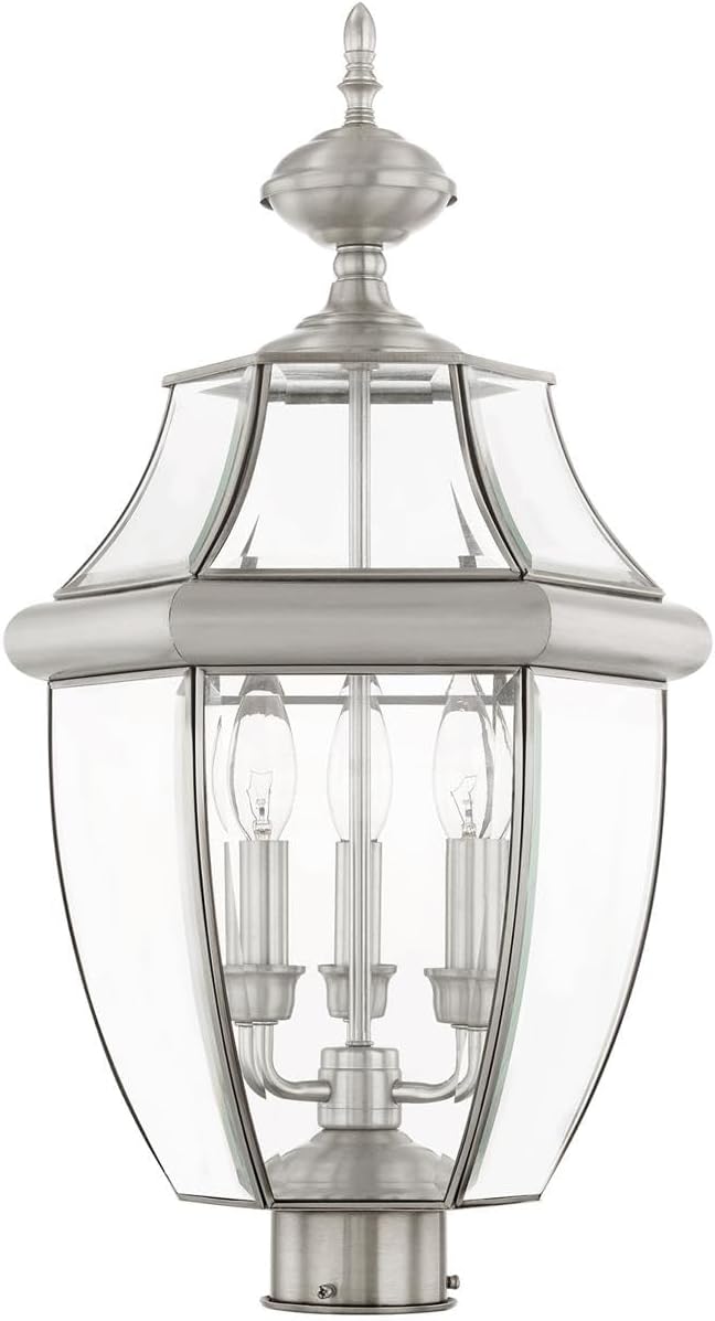 Livex Lighting 2354-91 Monterey 3 Light Outdoor Brushed Nickel Finish Solid Brass Post Head with Clear Beveled Glass