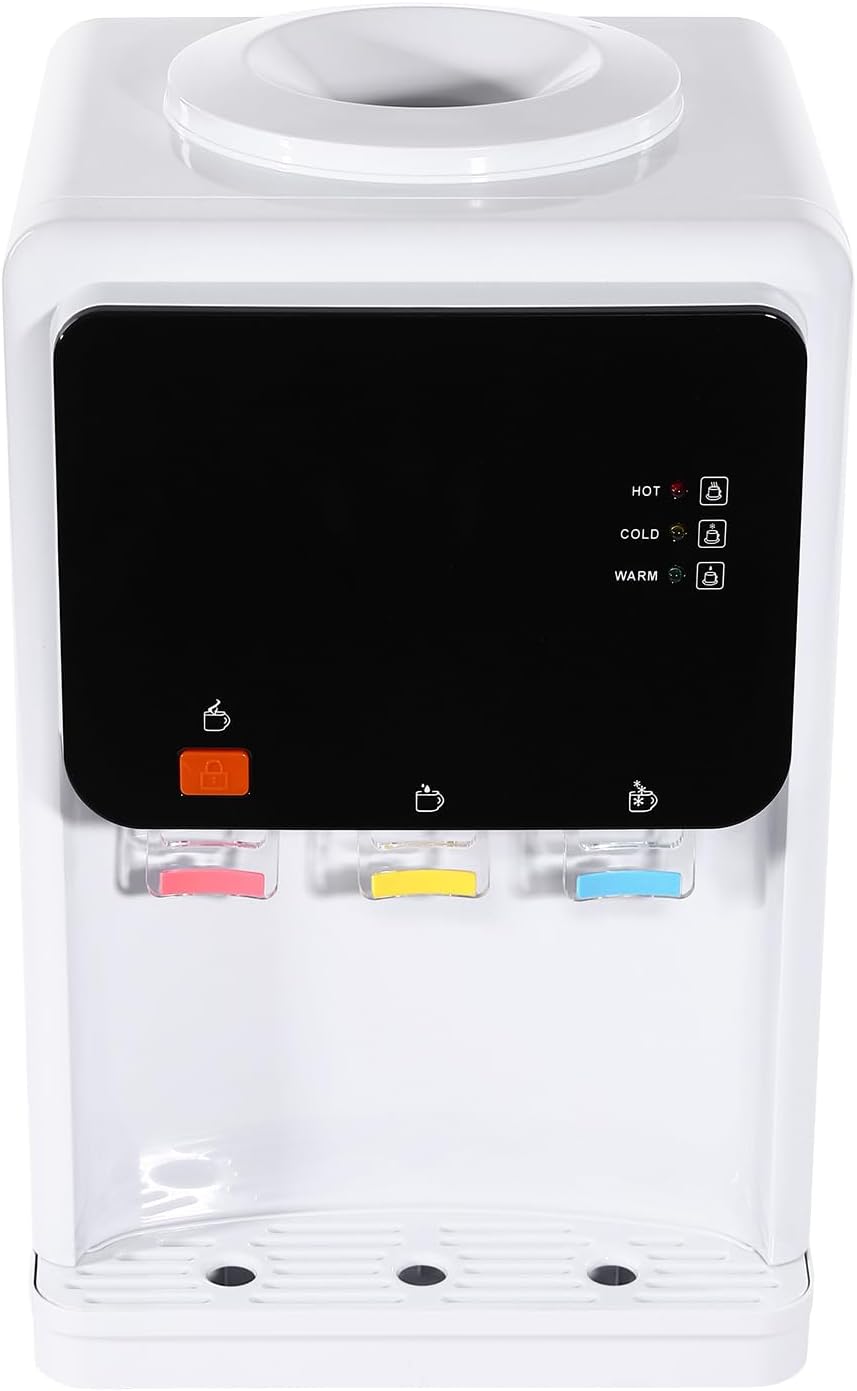 Countertop Hot and Cold Water Cooler Dispenser 575W Top Loading Tabletop Water Cooler Dispenser with 3 Water Outlets, Detachable Bucket Seat & Drip Tray, Safety Lock for 1.2-5 Gallon Bottle