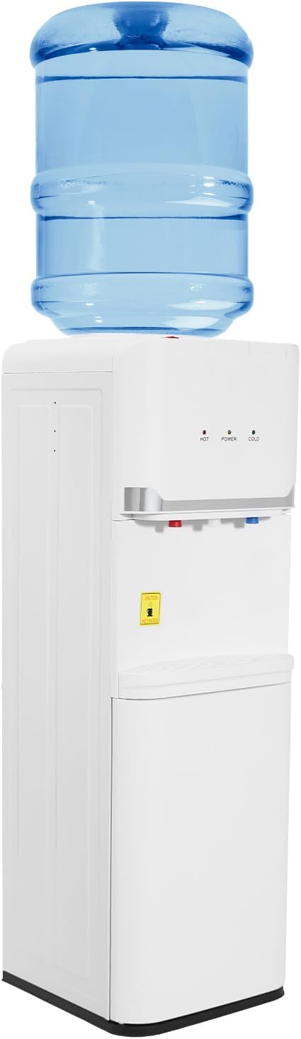 Top Loading Water Cooler Water Dispenser with Two-Tier Locker, Water Cooler Dispenser for 5 Gallon, Top Load Hot & Cold & Warm Water Dispenser (White)