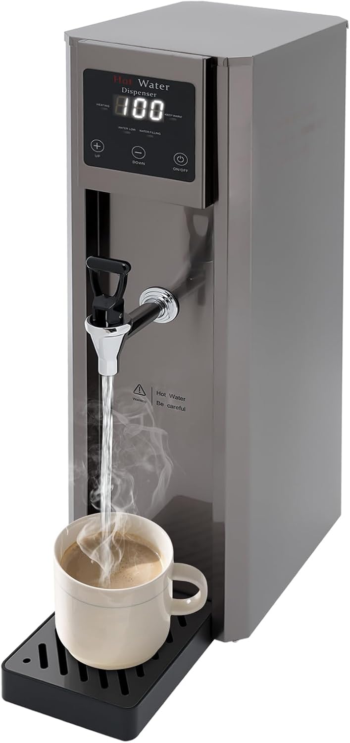 10L Commercial Hot Water Dispenser, 1800W Countertop Electric Water Boiler Stainless Steel Hot Water Dispenser Step-heating With Inlet Pipe (Silver, Temperature Control 104-210.2°F)