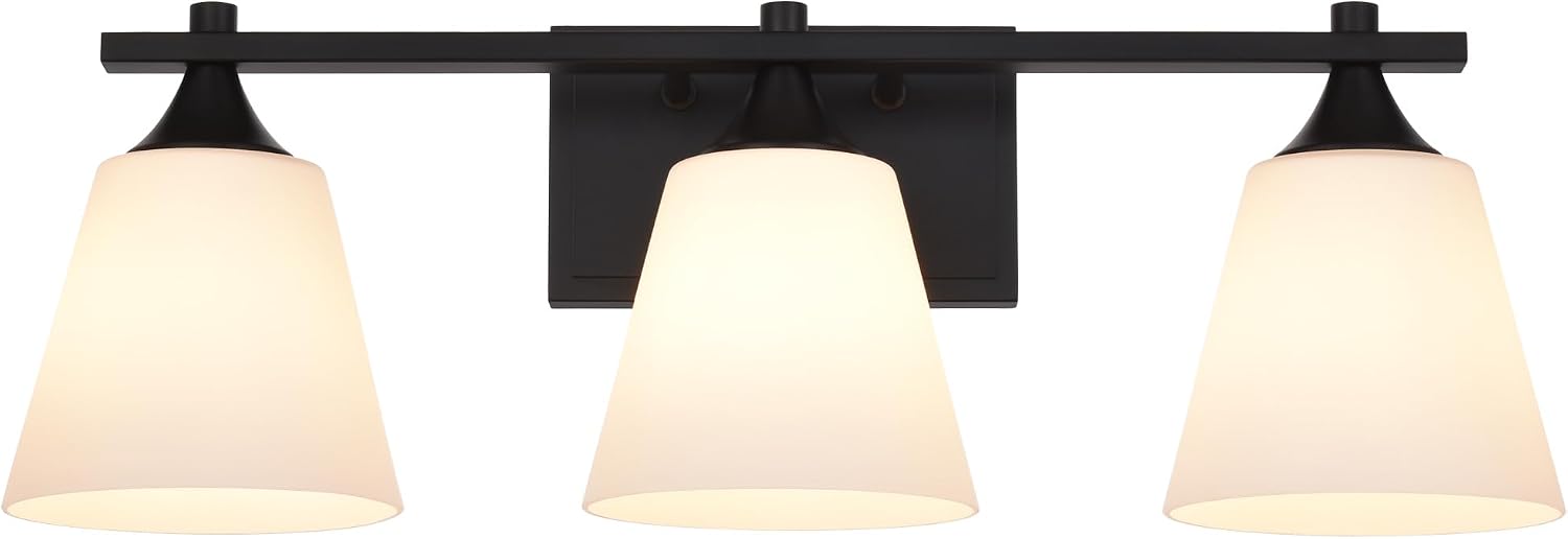 Black Bathroom Vanity Light Fixtures, 3 Lights Traditional Vanity Lighting Fixture with Opal Glass Shade, Porch Wall Mount Light Fixture for Bathroom, Mirror Cabinets Hallway Stairs, Matte Black
