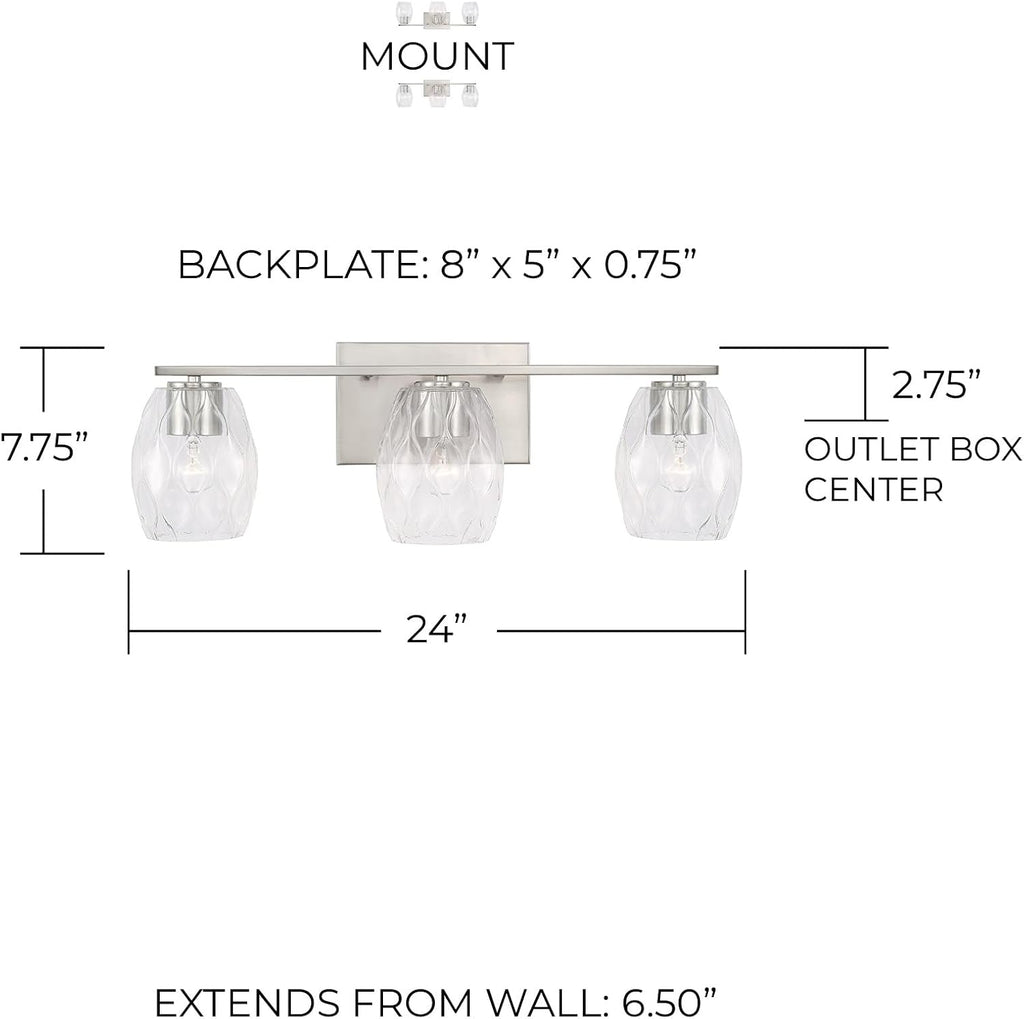 Capital Lighting 145331BN-525 Lucas Transitional Wavy Embossed Glass Vanity Lights for Bathroom, 3-Light 300 Total Watts, 8' H x 24' W, Brushed Nickel