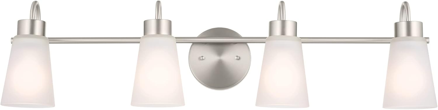 Kichler Erma 4-Light Bathroom Vanity Light Fixture with Satin Etched Glass Shades, Brushed Nickel Wall Mount over Mirror Lighting for Bathroom Vanity (32.5' x 8.5' x 6'), 55127NI