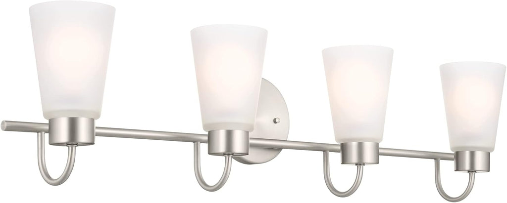 Kichler Erma 4-Light Bathroom Vanity Light Fixture with Satin Etched Glass Shades, Brushed Nickel Wall Mount over Mirror Lighting for Bathroom Vanity (32.5' x 8.5' x 6'), 55127NI