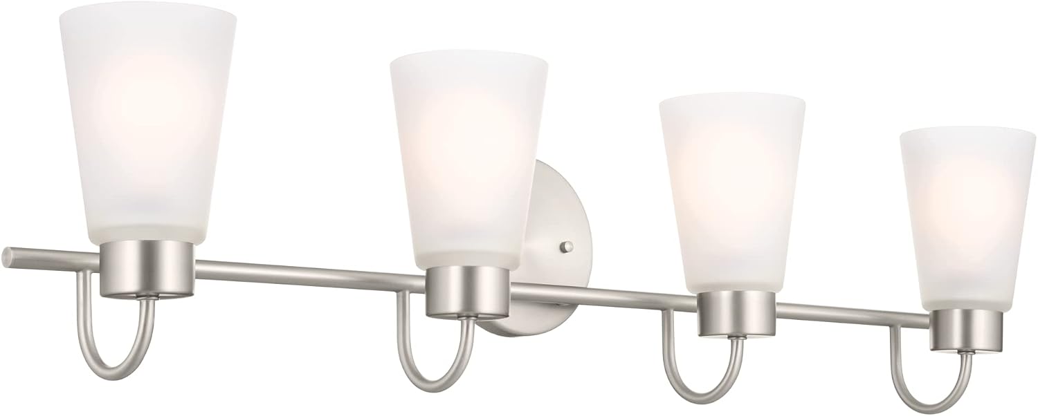 Kichler Erma 4-Light Bathroom Vanity Light Fixture with Satin Etched Glass Shades, Brushed Nickel Wall Mount over Mirror Lighting for Bathroom Vanity (32.5' x 8.5' x 6'), 55127NI