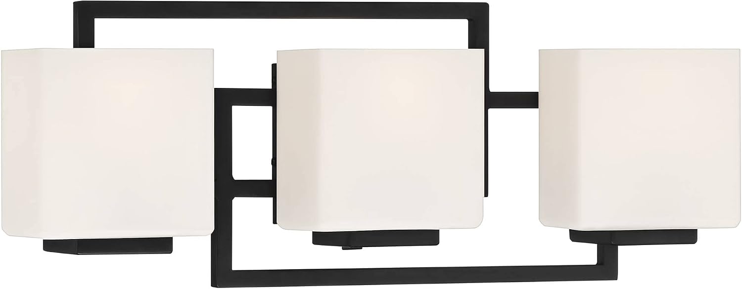 Possini Euro Design Lighting on the Square Modern Wall Mount Light Matte Black Aluminum Hardwired 21' 3-Light Fixture Opal Glass Shade for Bathroom Vanity Mirror House Living Room Home Hallway