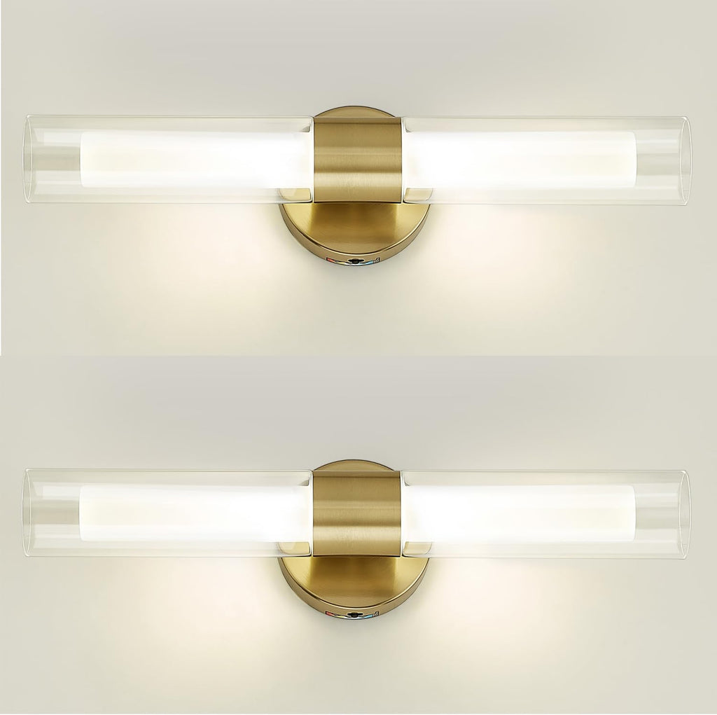 kudos Gold Modern Sconces Wall Lighting, 2Pc Wall Sconces with Clear Glass and Frosted Glass, Modern LED Vanity Light for Bathroom, 3000K/4500K/6000K Adjustable,KDVL06-GD-2-2PK