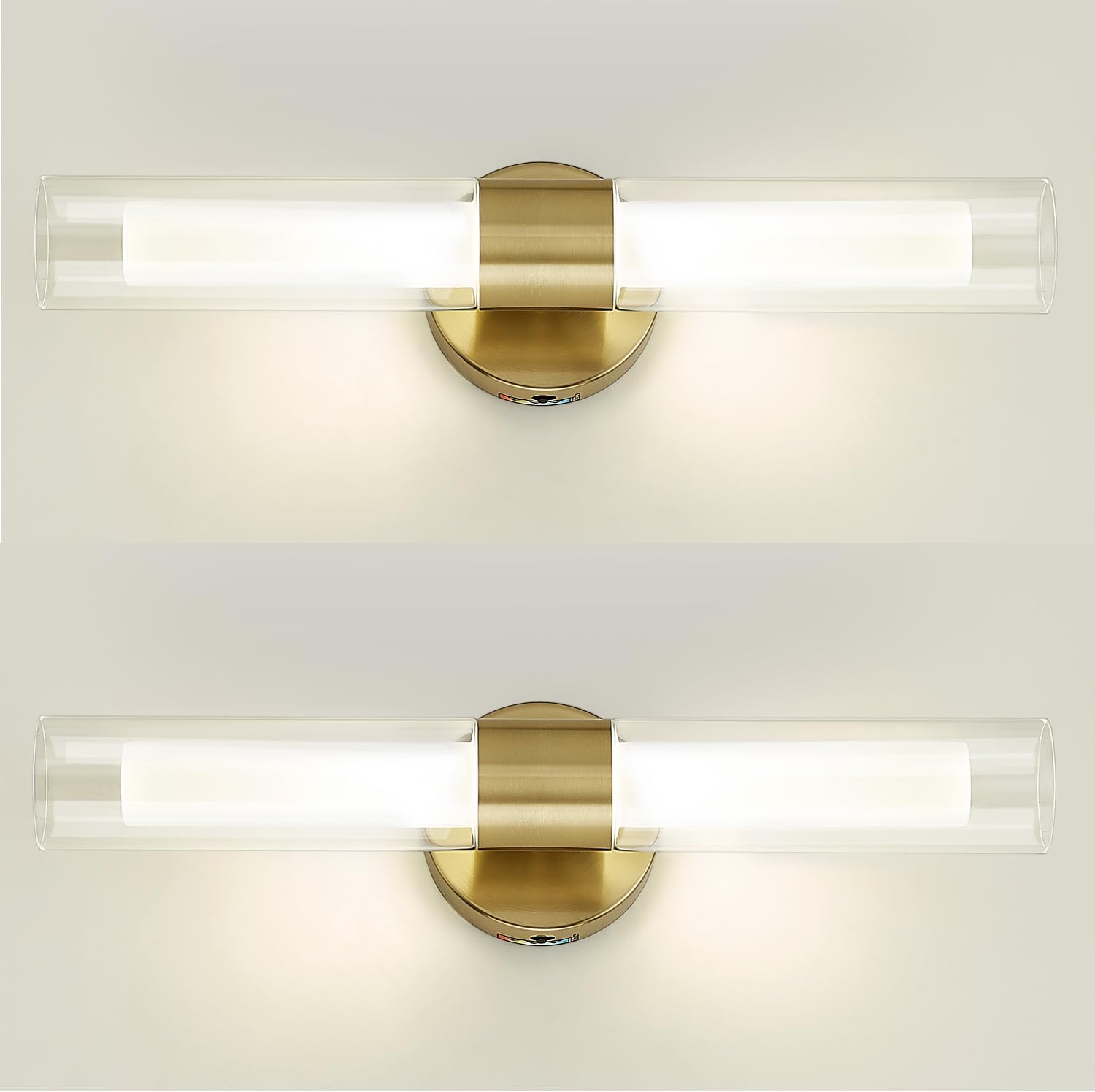 kudos Gold Modern Sconces Wall Lighting, 2Pc Wall Sconces with Clear Glass and Frosted Glass, Modern LED Vanity Light for Bathroom, 3000K/4500K/6000K Adjustable,KDVL06-GD-2-2PK