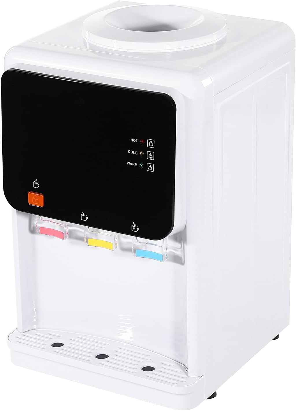 Countertop Hot and Cold Water Cooler Dispenser 575W Top Loading Tabletop Water Cooler Dispenser with 3 Water Outlets, Detachable Bucket Seat & Drip Tray, Safety Lock for 1.2-5 Gallon Bottle