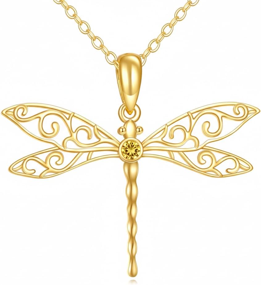DOVRAN Real Solid Gold Birthstone Butterfly/Dragonfly/Bee/Hummingbird Necklace for Women Yellow Gold Animal Pendant for Christmas Dainty Jewelry Birthday Gifts for Mom Wife