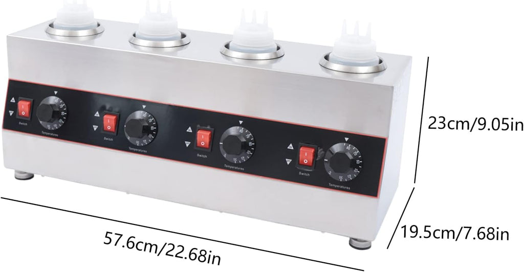 Electric Sauce Warmer Dispenser, 640W Countertop Stainless Steel Jam Heat Preservation Machine with 4x650ml Squeeze Bottle, Commercial Hot Fudge Dispenser Warmer for Nacho Cheese Ketchup (4 Bottle)