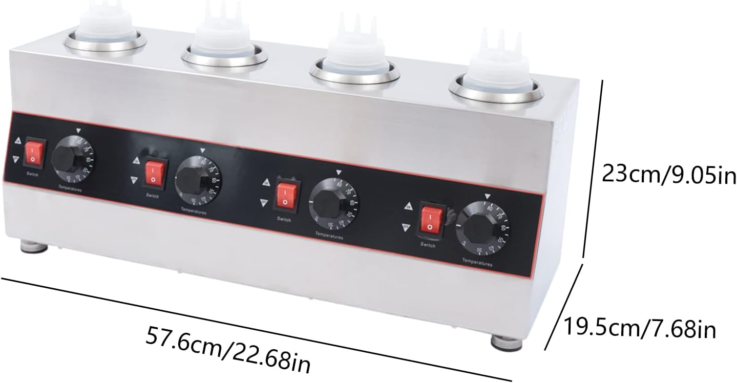 Electric Sauce Warmer Dispenser, 640W Countertop Stainless Steel Jam Heat Preservation Machine with 4x650ml Squeeze Bottle, Commercial Hot Fudge Dispenser Warmer for Nacho Cheese Ketchup (4 Bottle)