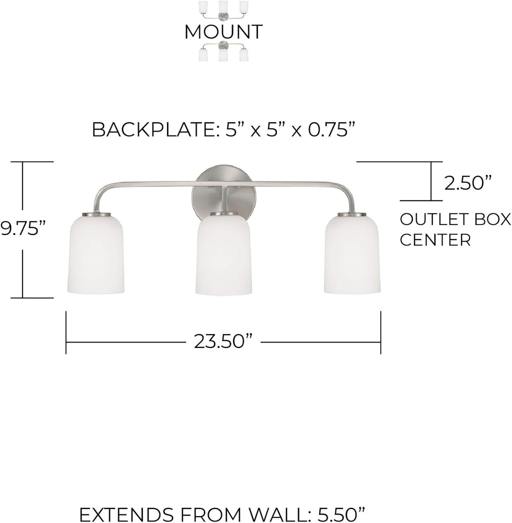 HomePlace by Capital Lighting 148831BN-542 Lawson Transitional Soft White Glass Bell Vanity Light for Bathroom, 3-Light 300 Total Watts, 10' H x 24' W, Brushed/Satin Nickel