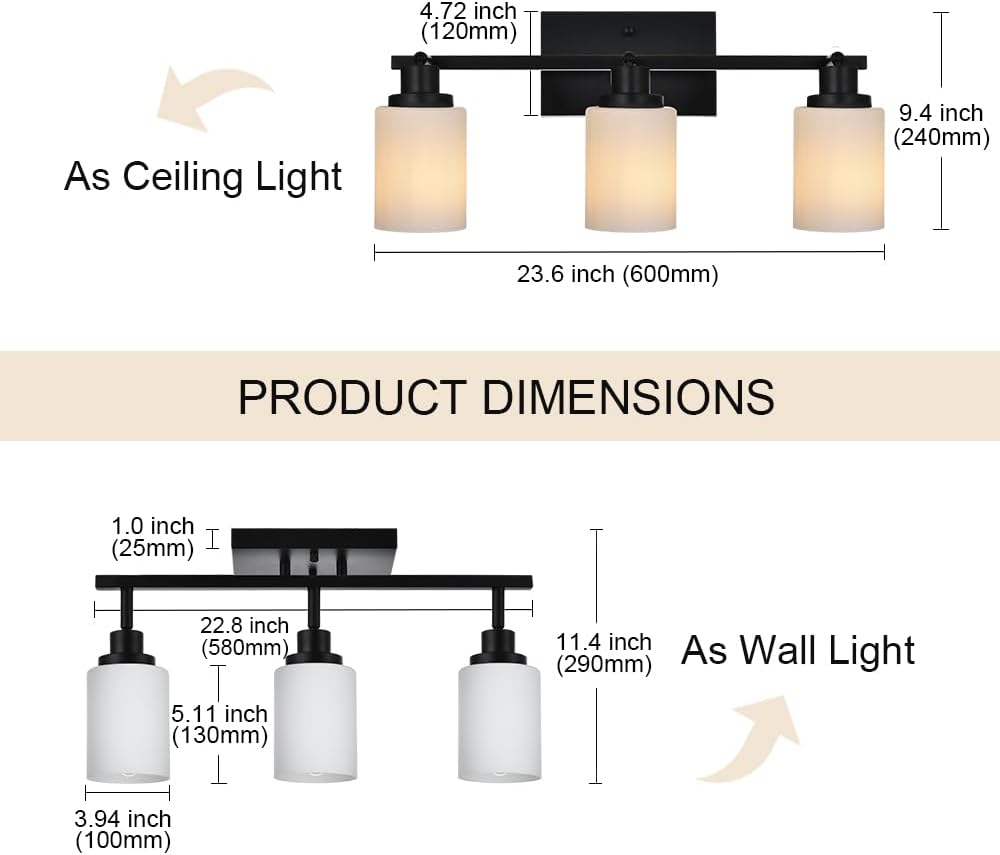 TODOLUZ 3-Lights Track Lighting Kit, Black Directional Ceiling Light Fixtures with Opal White Glass, Wall Mounted Spotlight for Kitchen Hallway