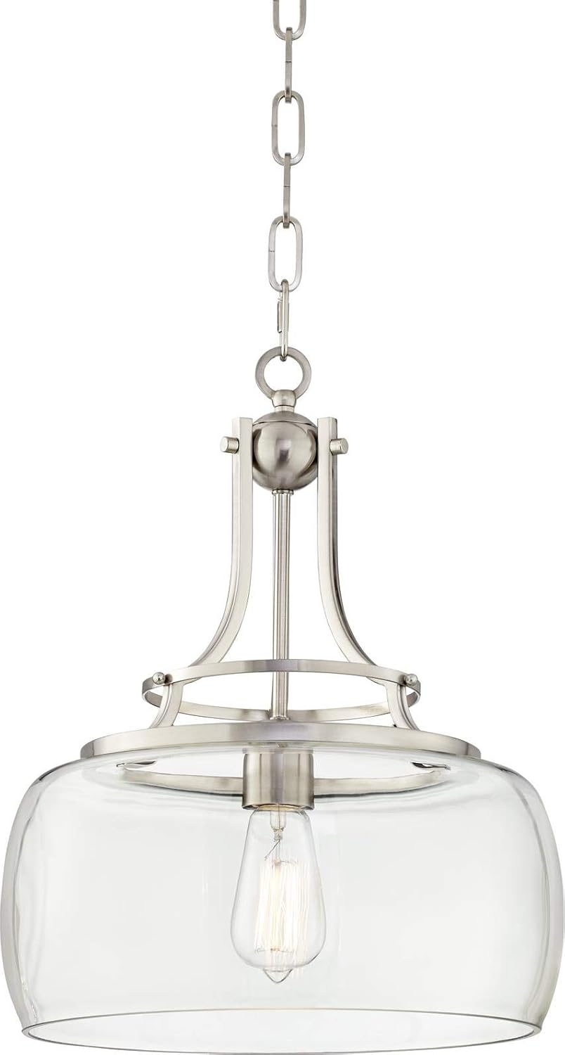 Franklin Iron Works Pendant Light Fixture - Charleston Brushed Nickel, Clear Glass, Farmhouse Pendant Light for Kitchen Islands, Living Rooms, Dining Rooms, and Bedrooms - 13 1/2' Wide, 16' High