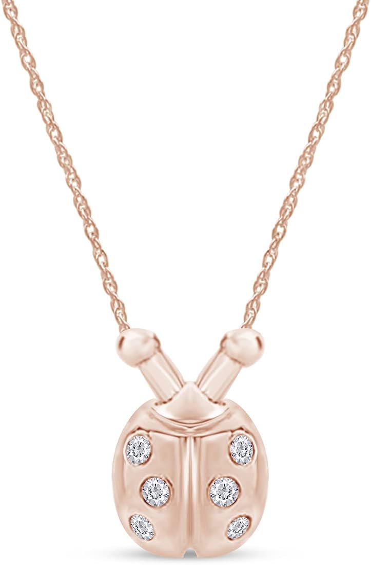 AFFY 1/10 Carat Round Cut Natural Diamond Ladybug Pendant Necklace With Bezel Setting In 14K Gold Over Sterling Silver (I2-I3 Clarity, I-J Color)