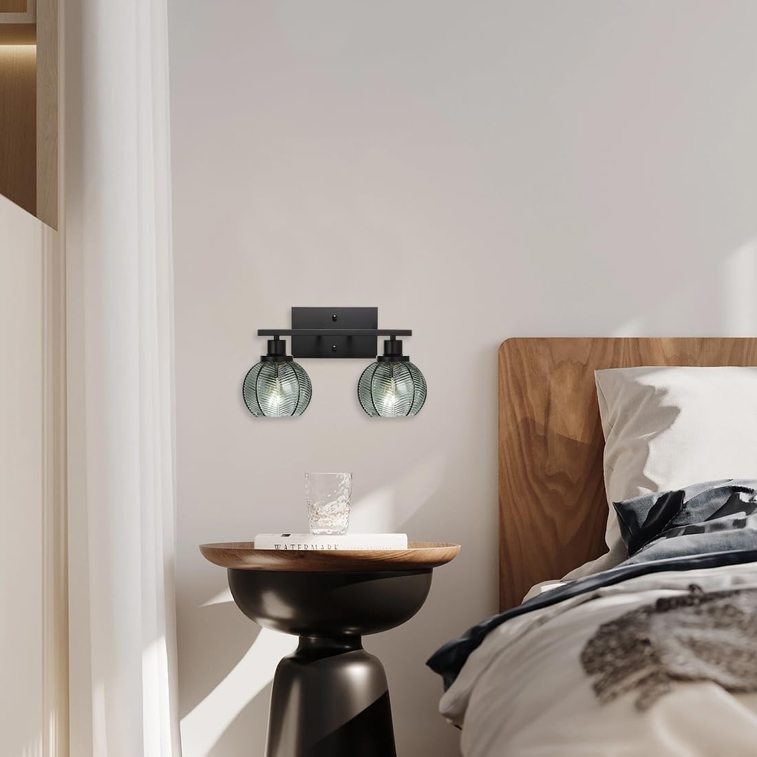 Set of 2 Wall Sconces for Bathroom Modern Vanity Light Fixtures 2-Light Black Wall Sconce with Green Glass Shade Farmhouse Wall Lights for Bedroom Living Room