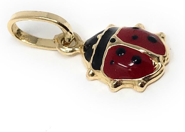Ioka 14K Yellow Gold Lady Bug Colored Enamel Lucky Charm Pendant with 0.9mm Wheat Chain Necklace