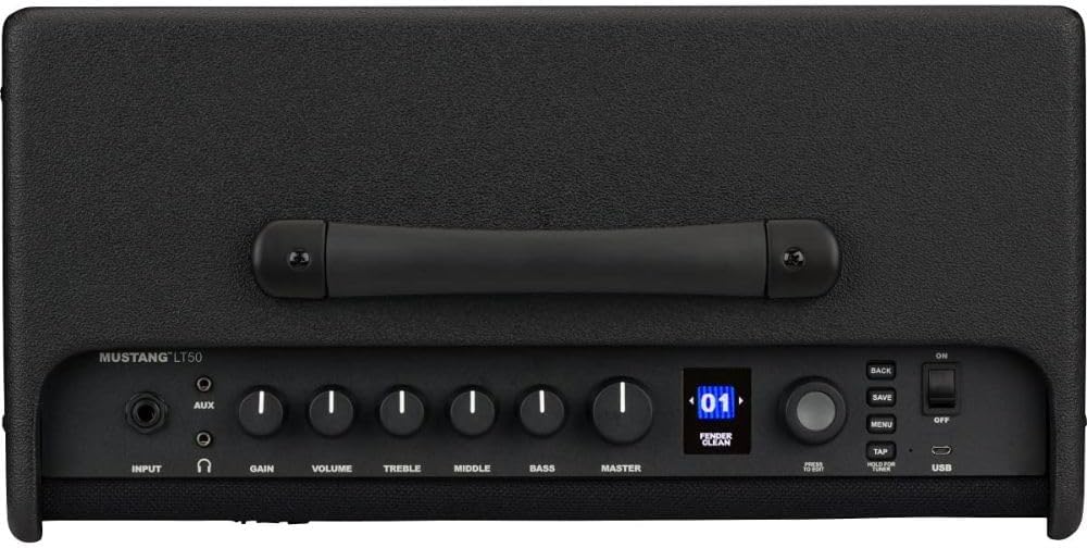 Fender Mustang LT50 Guitar Amplifier Bundle with Fender Joe Strummer Instrument Cable, Straight/Straight, Drab Green, 13ft