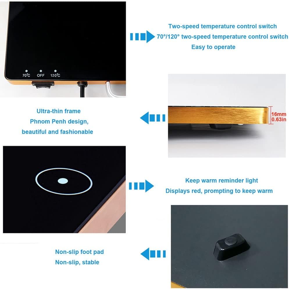 Stainless Warming Hot Plate Black Glass Top Portable Electric Food Tray Dish Warmer Warming Tray W/Cool-Touch Handles,Keep Food Warm for Restaurant,Parties,Buffet Serving
