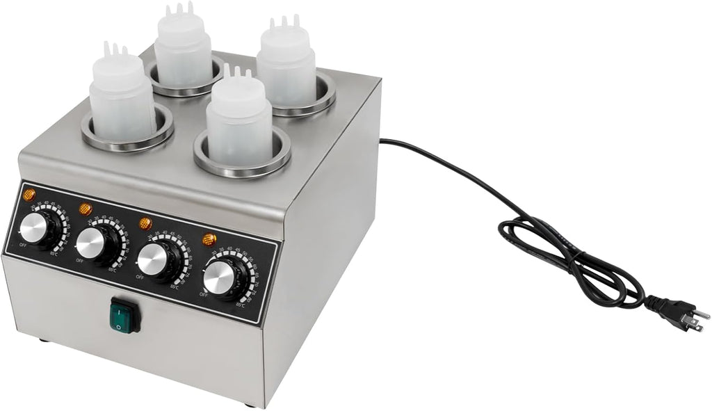 Electric Sauce Warmer Dispenser, 4 Grids Countertop Stainless Steel Sauce Heat Preservation Machine Hot Fudge Bottle Warmer Nacho Cheese Warmer Dispenser 86-185 ℉ 650ml