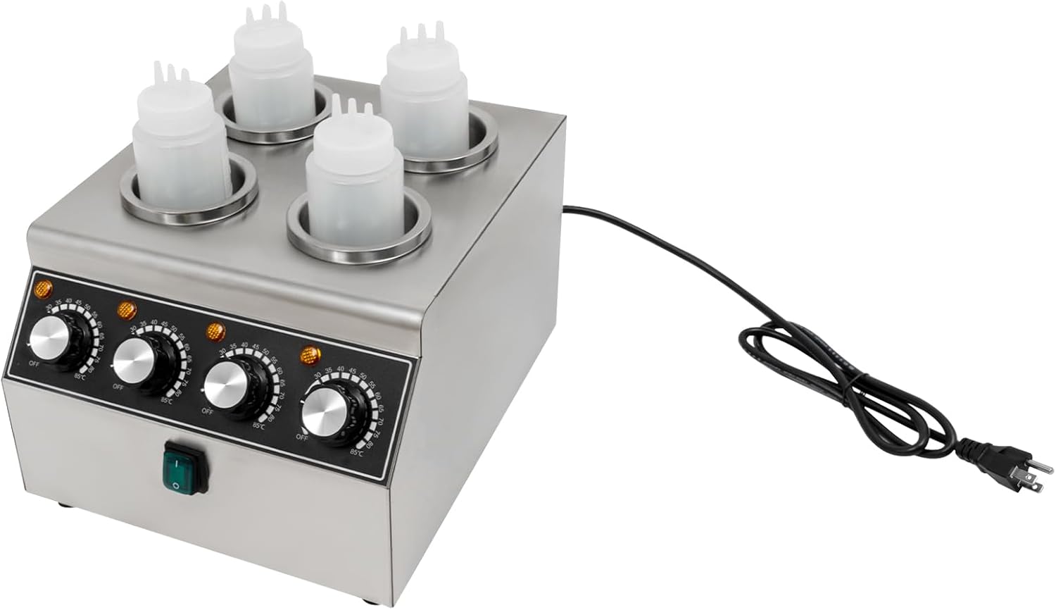Electric Sauce Warmer Dispenser, 4 Grids Countertop Stainless Steel Sauce Heat Preservation Machine Hot Fudge Bottle Warmer Nacho Cheese Warmer Dispenser 86-185 ℉ 650ml