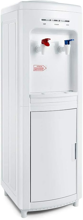 White Modern Top Loading Water Cooler Dispenser Freestanding 5 Gallon Cold Hot with Storage Cabinet Home Electric Countertop Office Plastic Stainless Steel 11.22' L x 11.42' W x 32.28' H