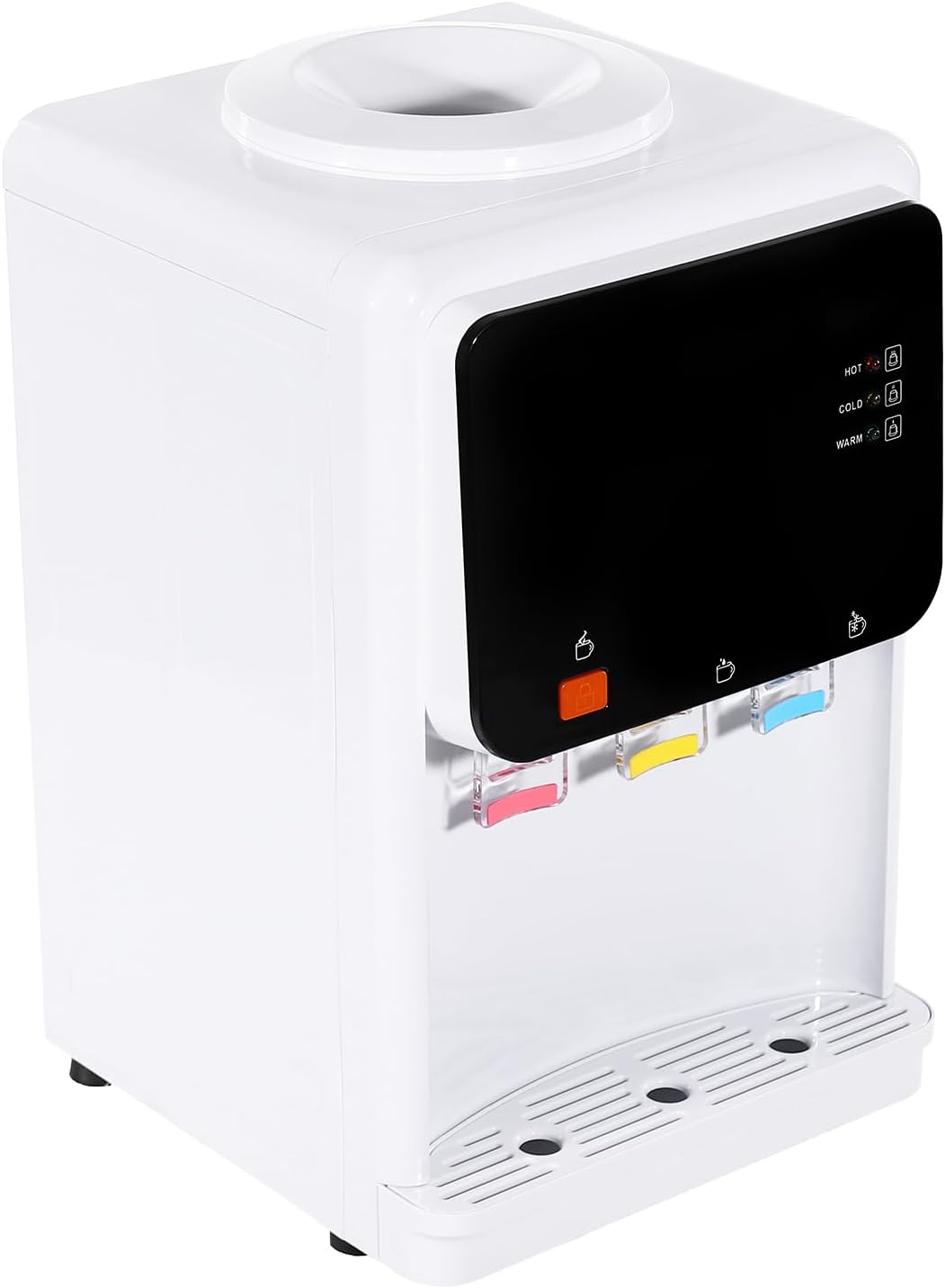 Countertop Hot and Cold Water Cooler Dispenser 575W Top Loading Tabletop Water Cooler Dispenser with 3 Water Outlets, Detachable Bucket Seat & Drip Tray, Safety Lock for 1.2-5 Gallon Bottle
