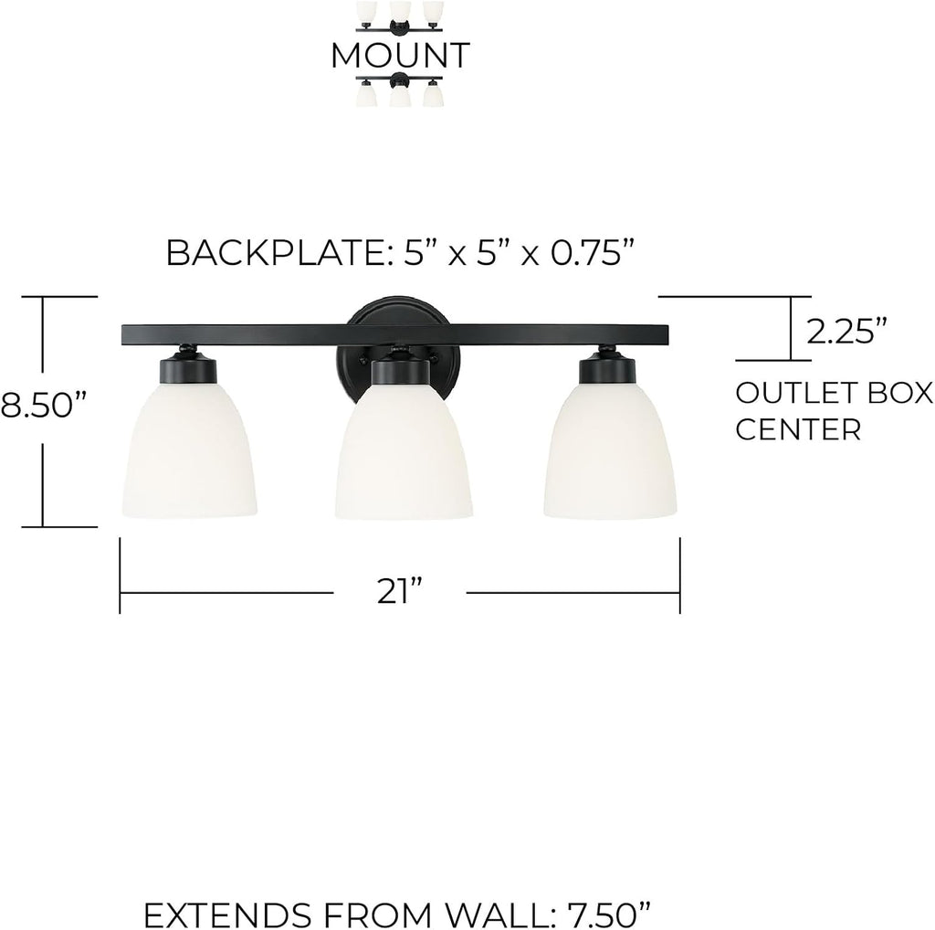 HomePlace by Capital Lighting 114331MB-333 Jameson Transitional Soft White Glass Bathroom Vanity Wall Light, 3-Light 300 Total Watts, 9' H x 21' W, Matte Black