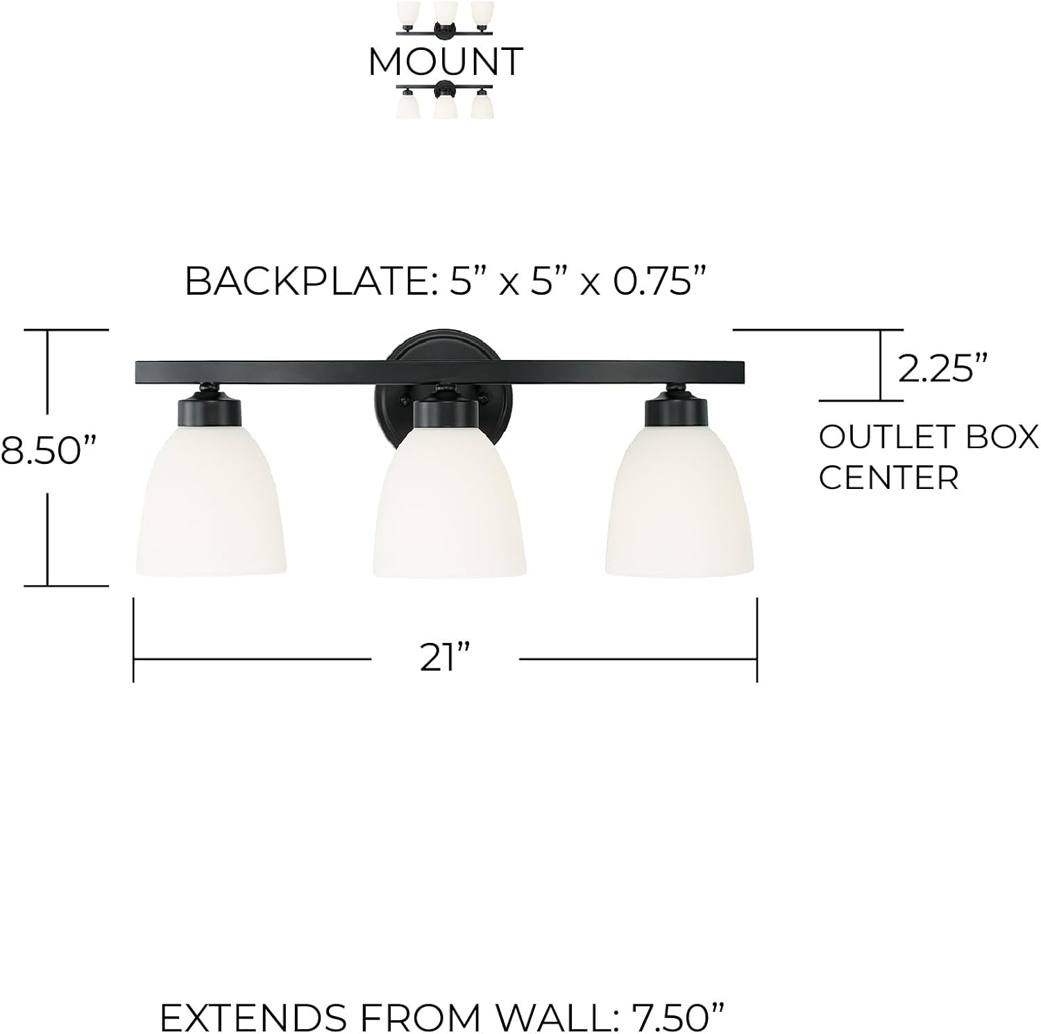 HomePlace by Capital Lighting 114331MB-333 Jameson Transitional Soft White Glass Bathroom Vanity Wall Light, 3-Light 300 Total Watts, 9' H x 21' W, Matte Black